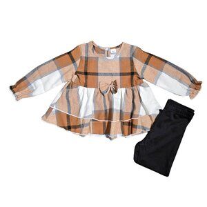 NWOT | Girls' 2-Piece Plaid Tunic & Leggings Set | Tiered Peplum | Caramel Onyx